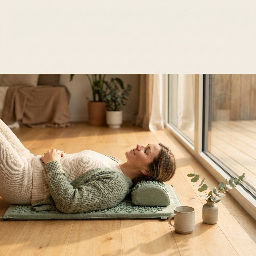 Woman relaxing on the acupressure mat by a window