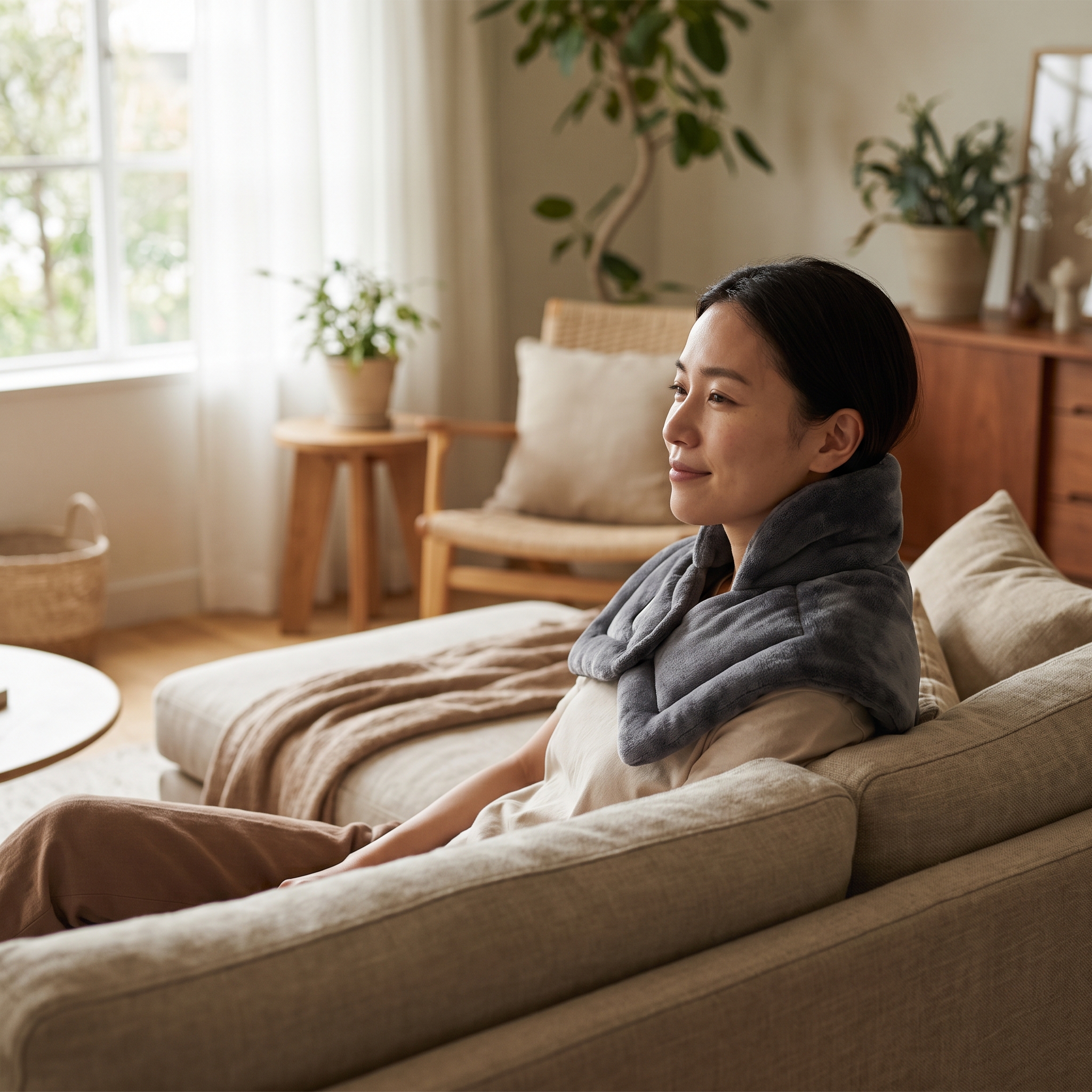 Woman relaxing on a couch wearing the cordless heated neck and shoulder wrap