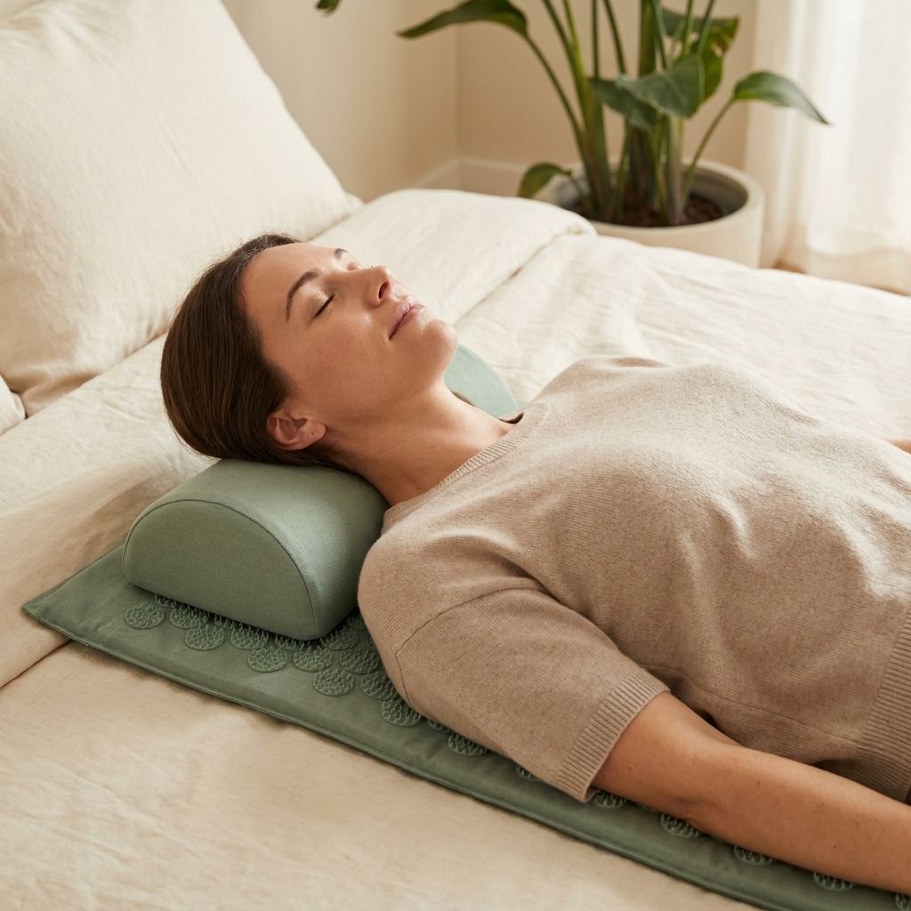 Woman lying calmly on the sage acupressure mat and pillow