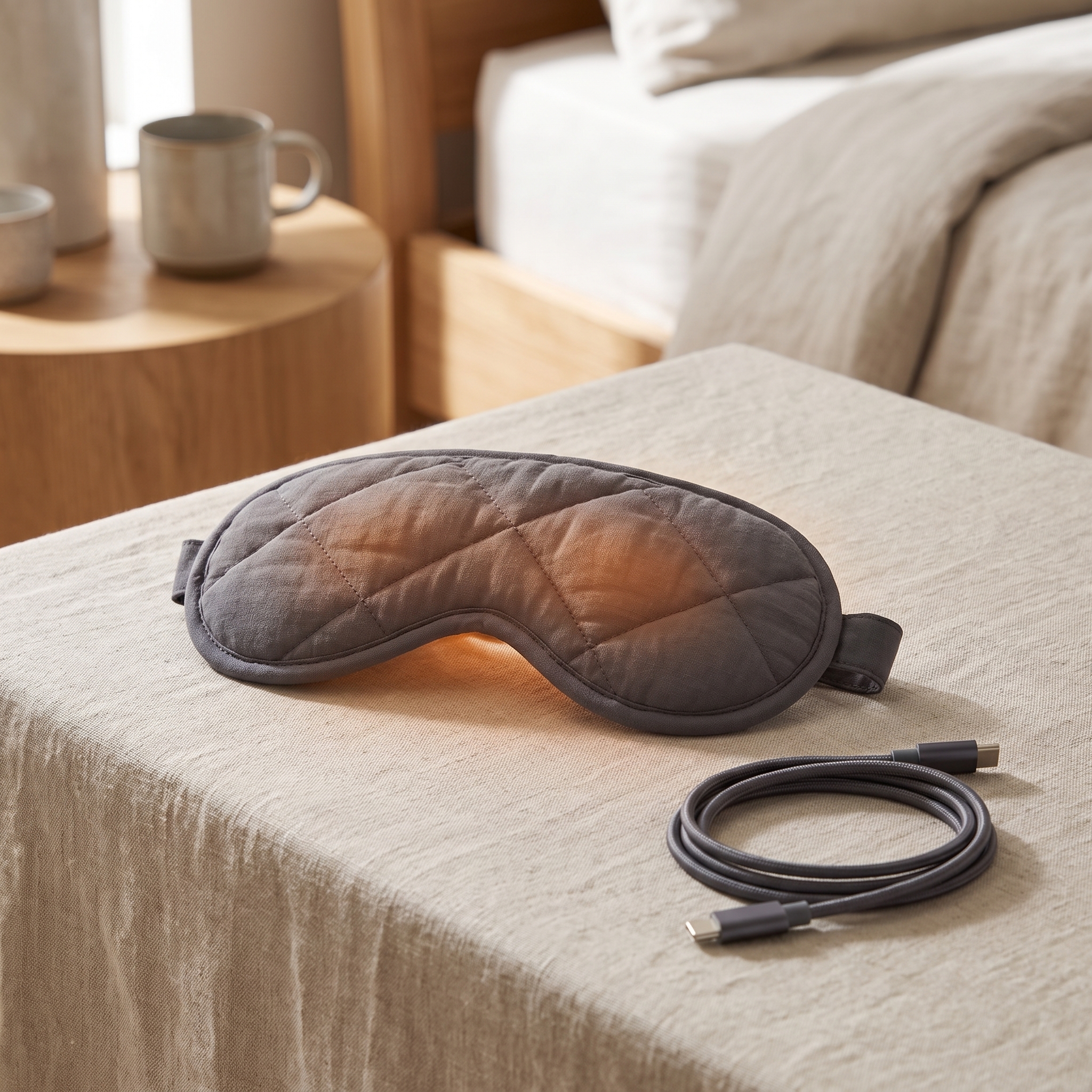 Rechargeable heated sleep mask with gentle warmth and USB-C charging