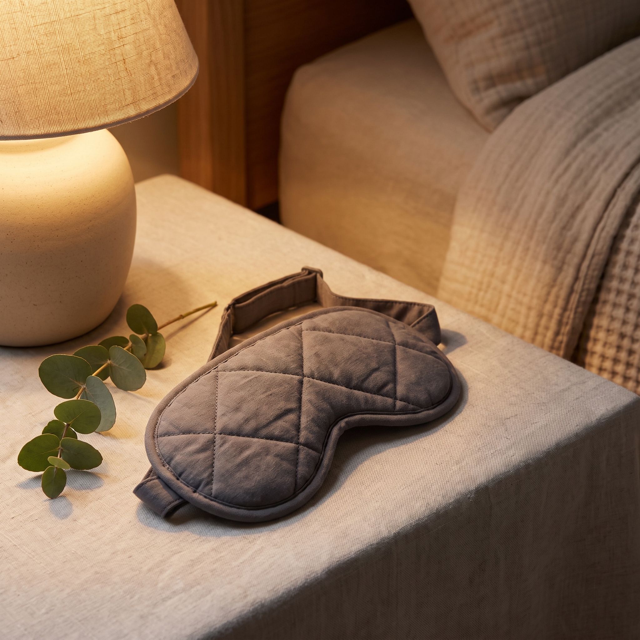 Contoured weighted sleep mask resting on a nightstand