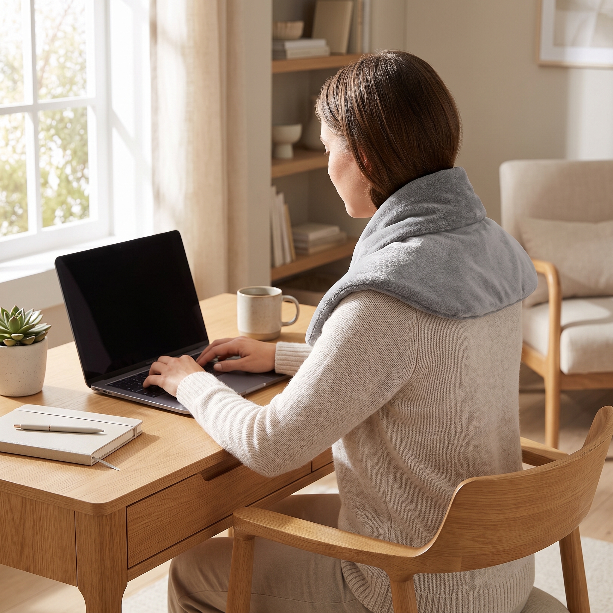 Person working at a desk wearing the cordless heated neck and shoulder wrap