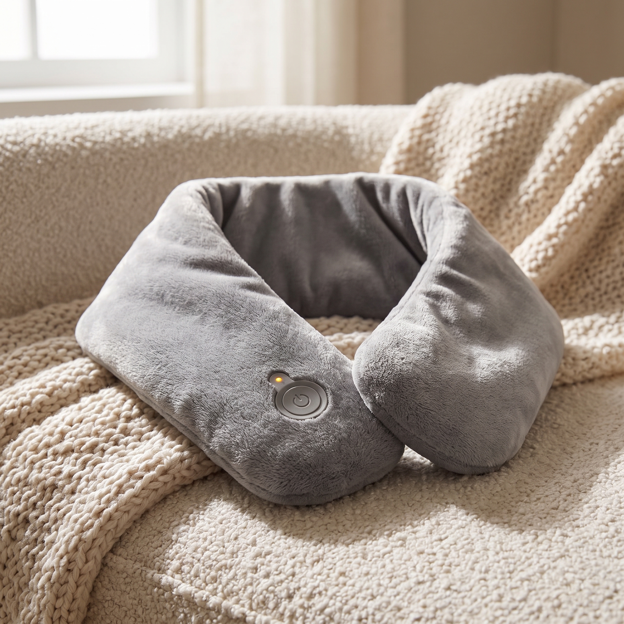 Close-up of the heated neck wrap's soft washable fabric and heat control button