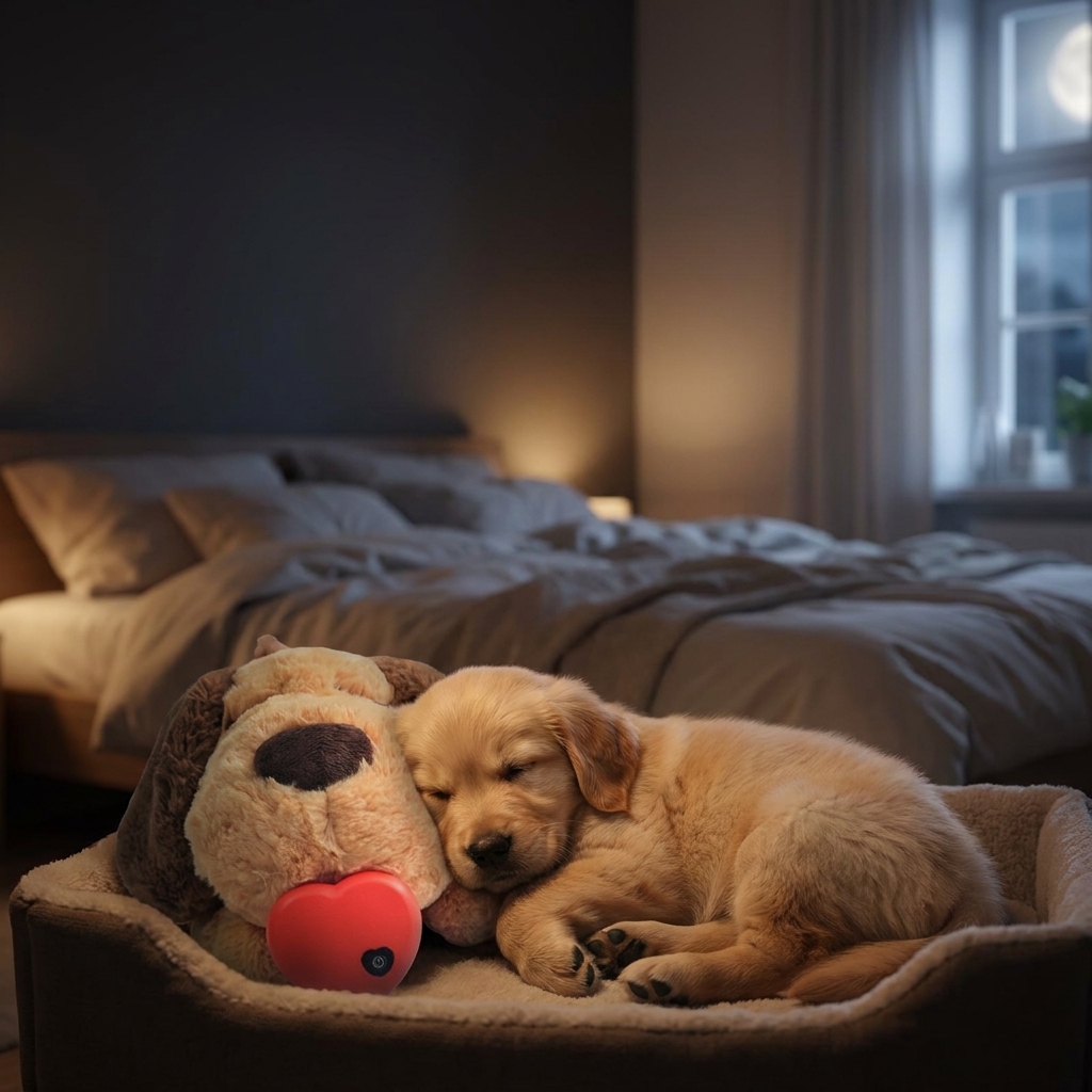 Puppy asleep curled around the HeartCalm heartbeat comfort toy