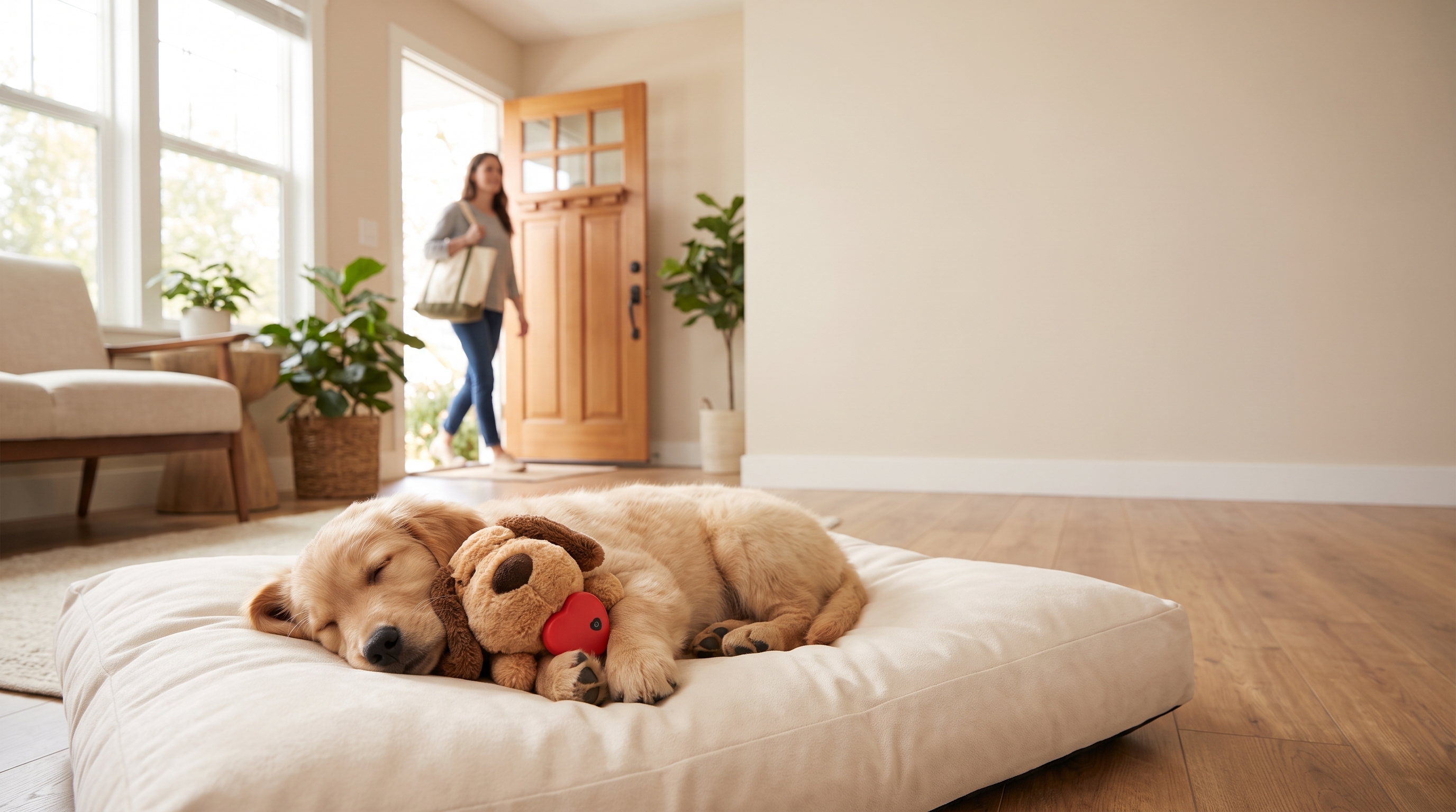 Dog resting calmly with HeartCalm while owner leaves