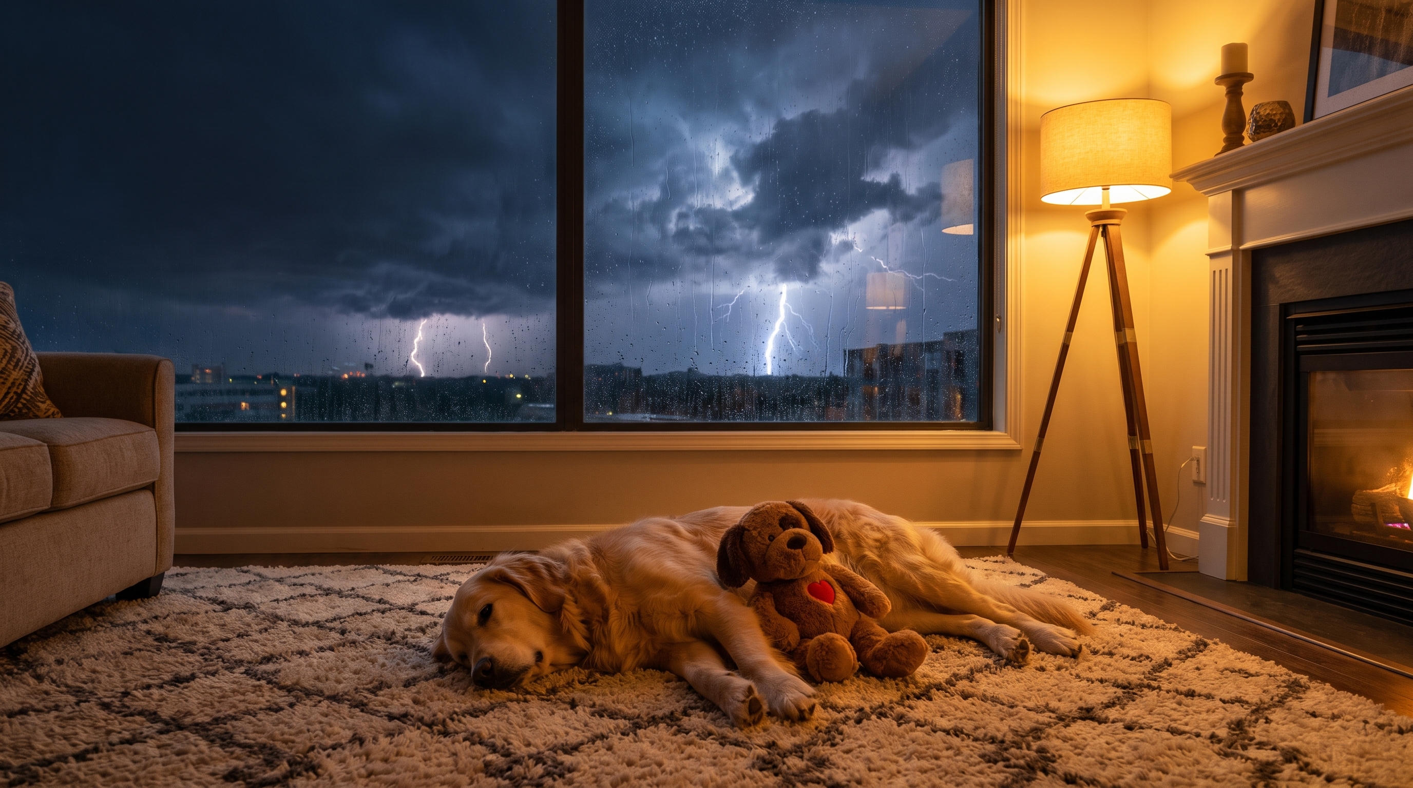 Dog calm inside during a storm with HeartCalm