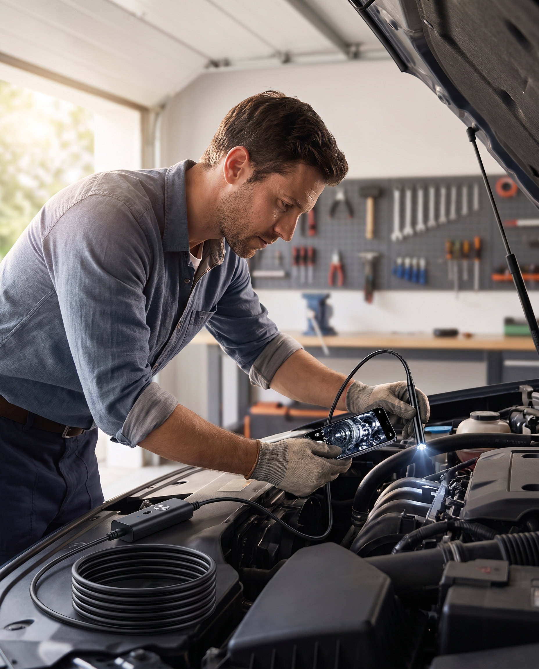 Inspecting a car engine with the endoscope
