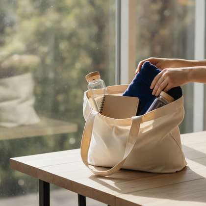 The Reset Wrap in navy and teal, packed into a tote bag